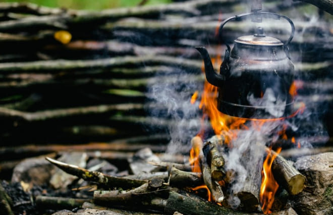 Kettle over a campfire